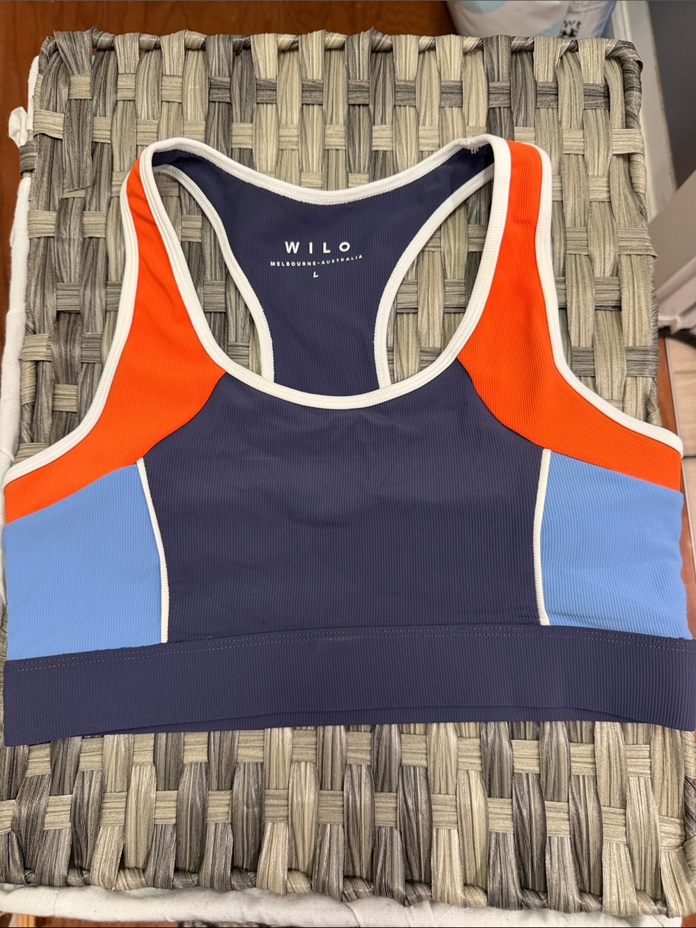 WILO Colorblock Racerback Sports Bra — Navy with Orange & Light Blue